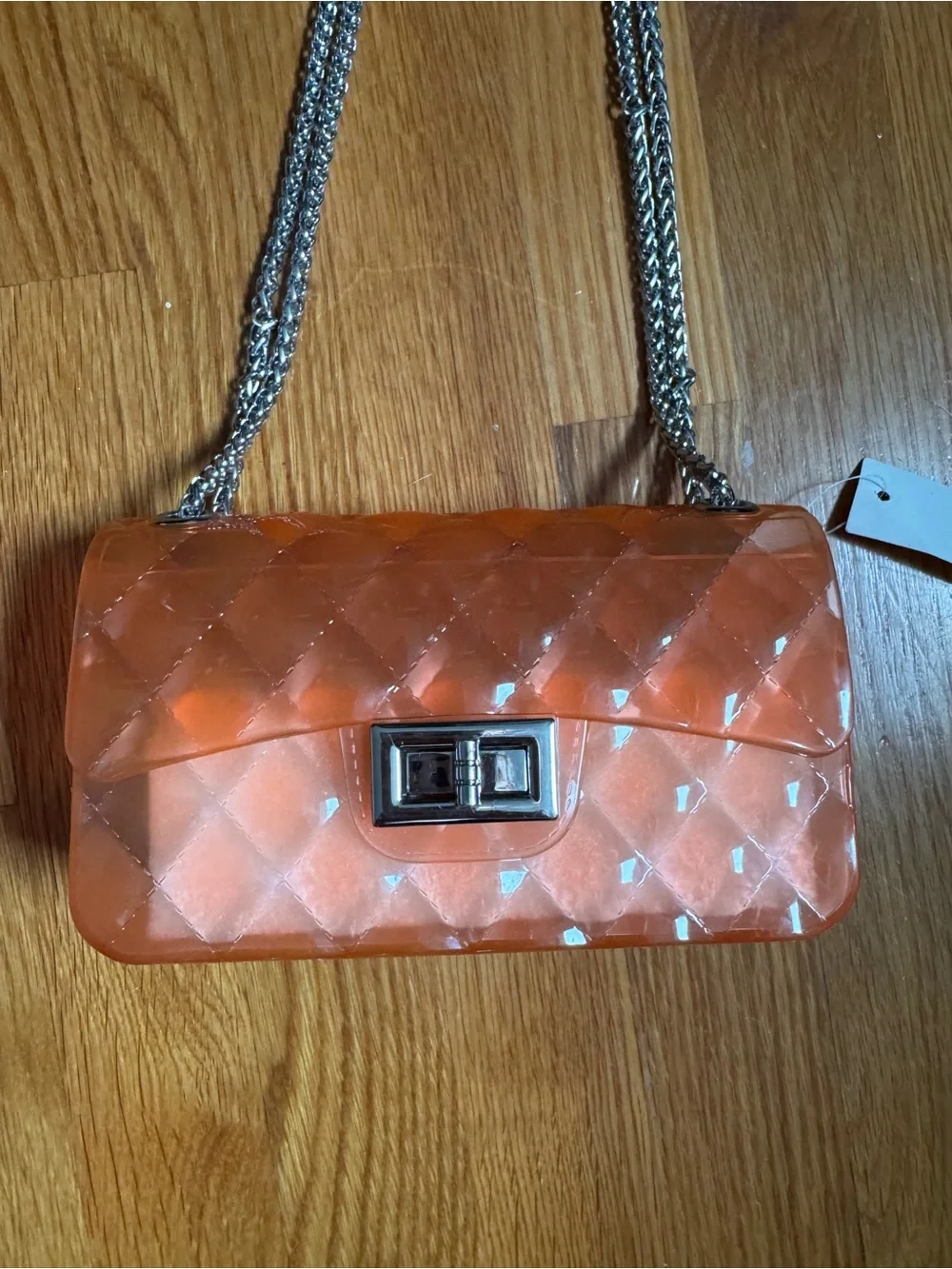 Orange Quilted Jelly Crossbody Bag with Silver Chain